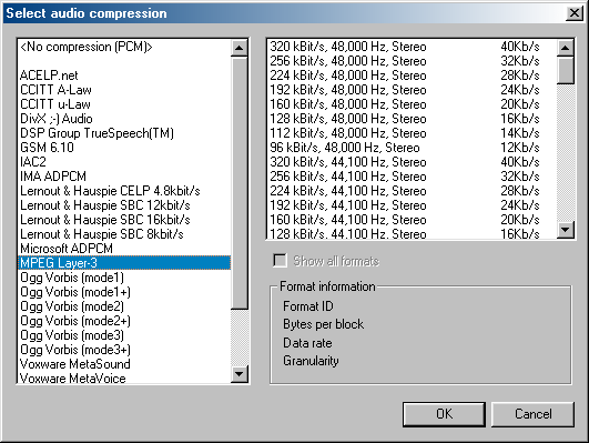 VirtualDub's Audio Compression Menu